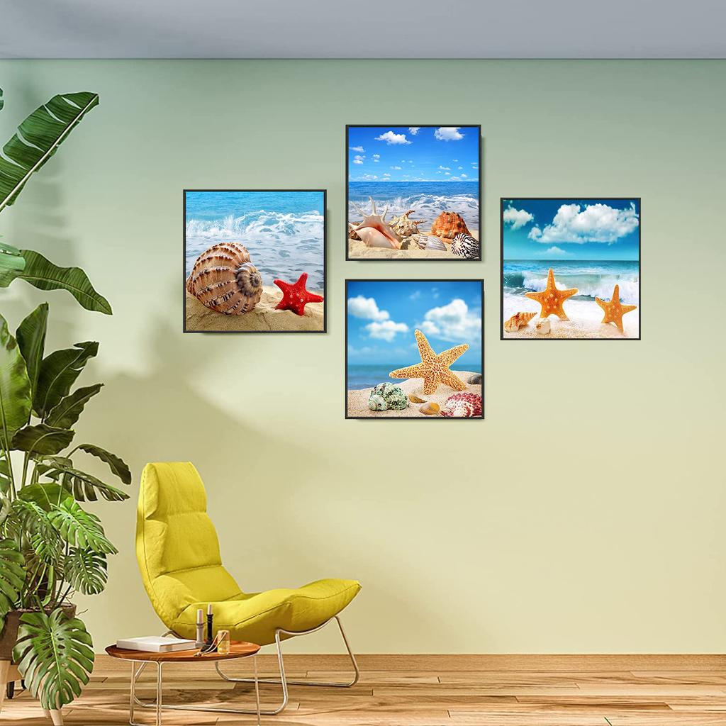 4 szt. Zestaw do malowania diamentami 5DSeaside Sceneria, zestawy do samodzielnego malowania diamentami i kryształkami dla dorosłych i początkujących Diamentowe rękodzieło artystyczne Prezent do dekoracji domu