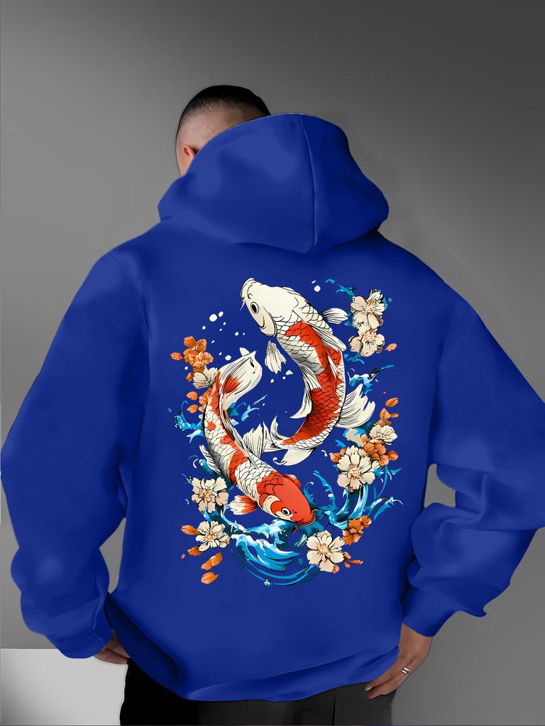 Ukiyo-e Style Auspicious Twin Koi Floral Wave Back Pattern Men Hip Hop Sports Hoodie Long Sleeve Loose Athletic Pullover