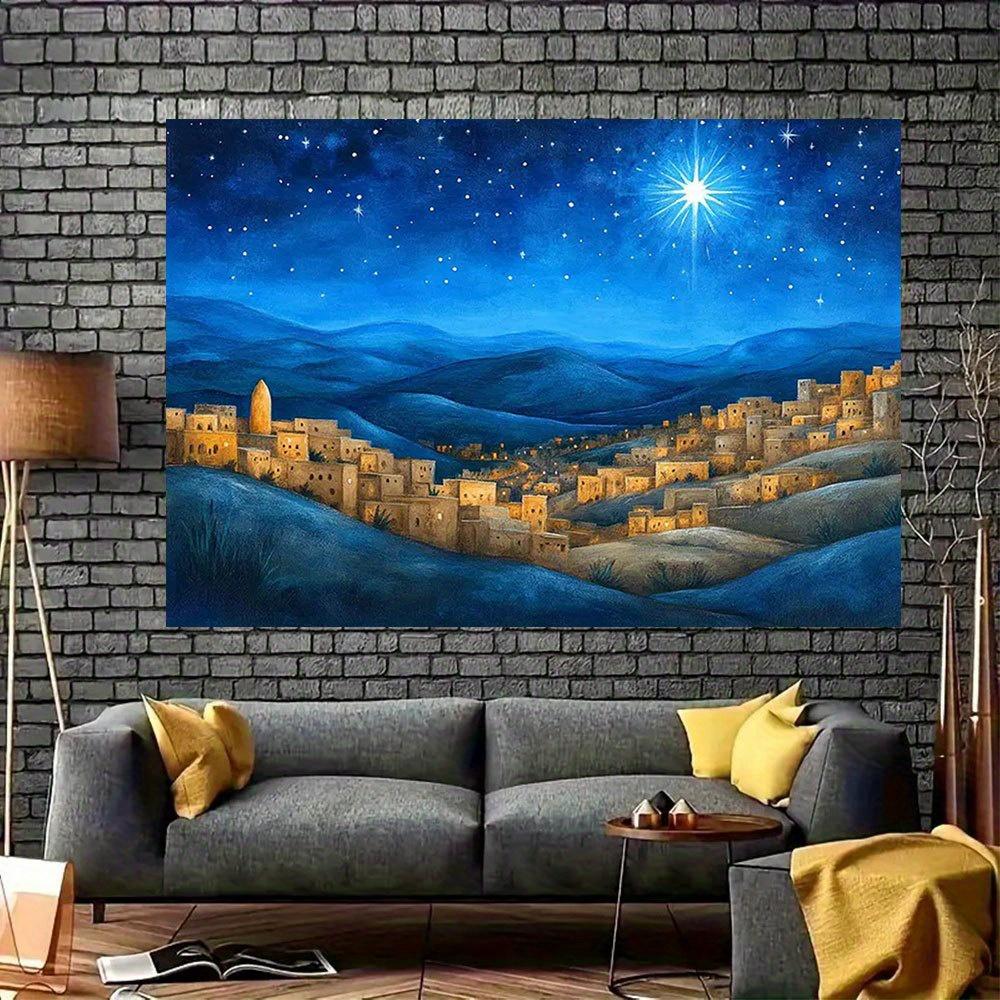 1pc Christmas Birth Scene background with illuminated hills and starry sky - Durable polyester holiday background religious 47.2x31.5inch/120*80cm