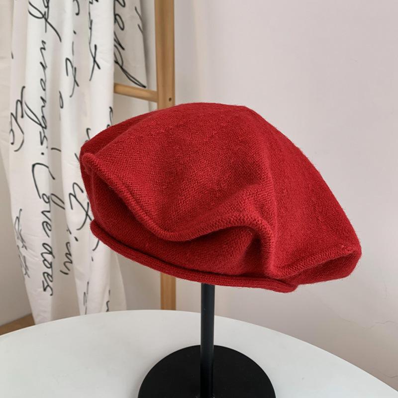 British style knitted thin wool beret female autumn and winter painter hat big head circumference sweet and cute show small face