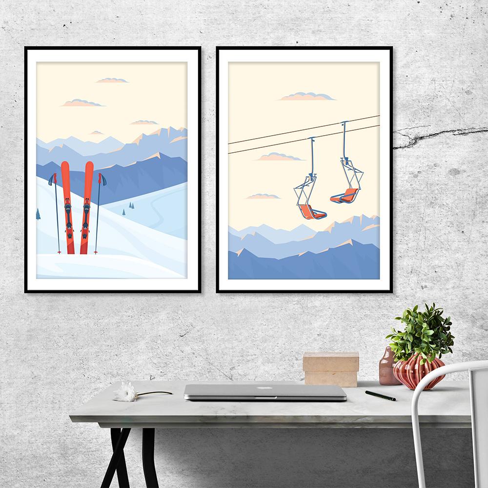 Vintage Ski Lift Poster Skiing Wall Decor Winter Mountain Landscape Canvas Painting Print Snowy Panorama Picture For Living Room
