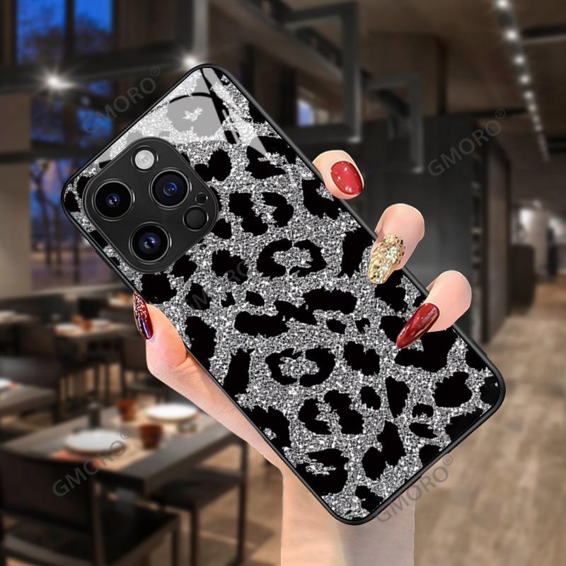 European and American popular silver flash leopard print iPhone mobile phone case Apple 17promax personalized creative glass case 16 men's models