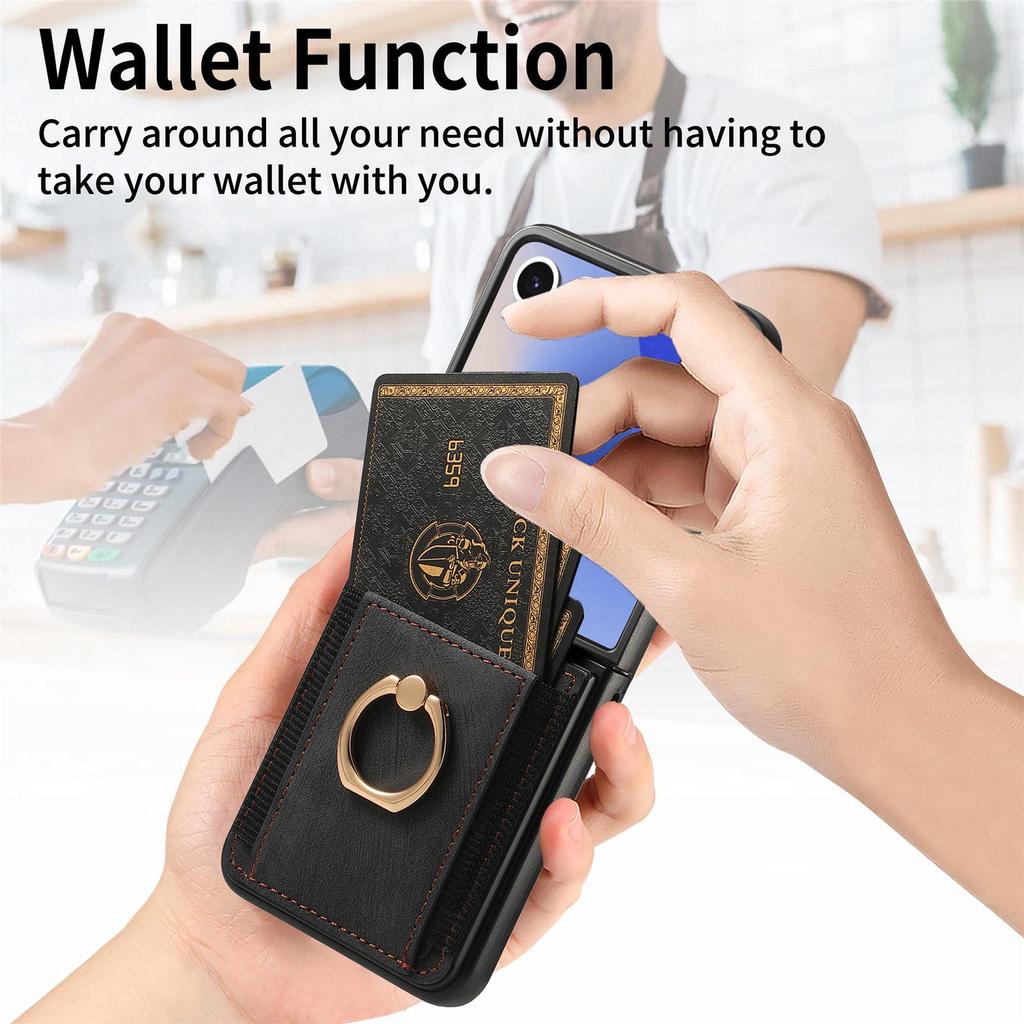 Samsung Z Flip 7 FE Leather Ring Wallet Case with Card Holder and Stand