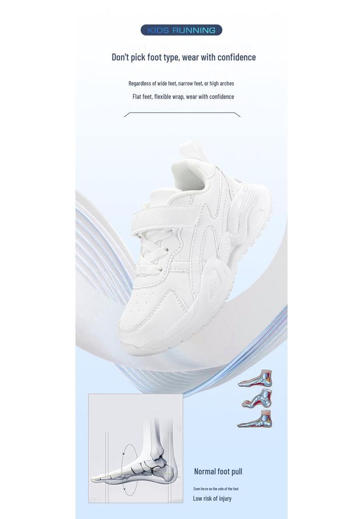 Kids' White Sports Shoes - Waterproof Leather Surface, Unisex Casual Running Sneakers