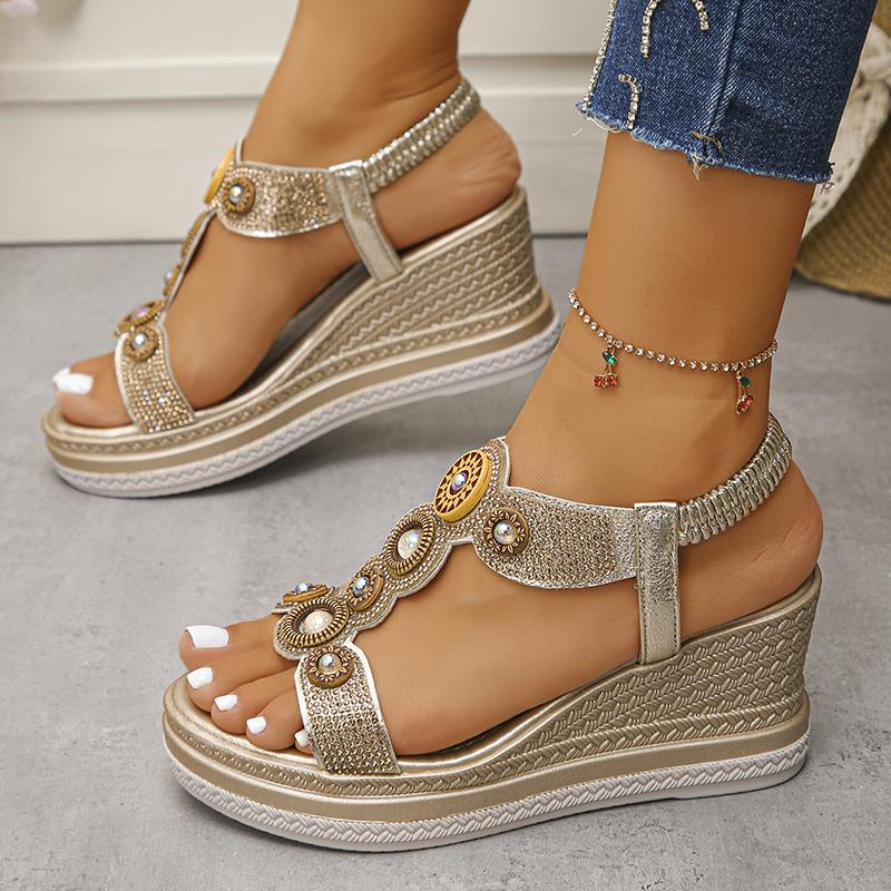 Fashion Crystal Pearl Decor Women's Wedges Sandals Bohemian Style Beaded Platform Sandals for Woman Summer 2025 Thick Bottom Beach Shoes