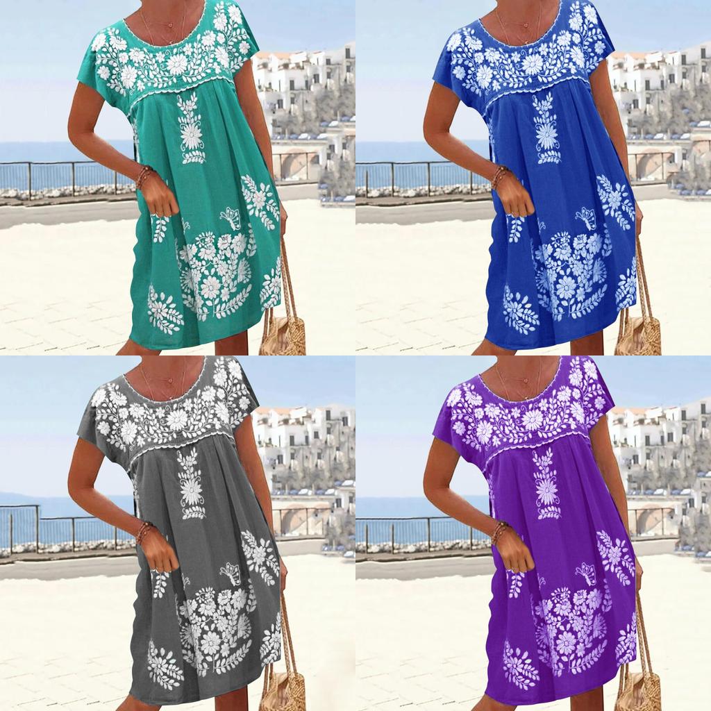 Ethnic Style Short Sleeve Floral Print A Line Dress For Summer Casual Wear