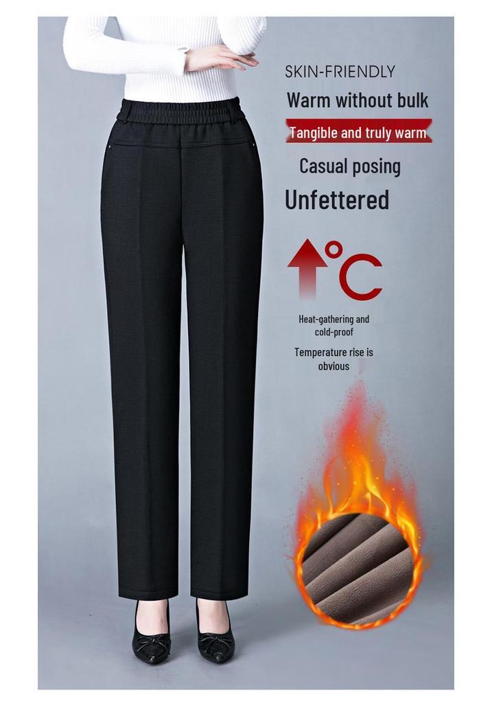 Women's Fleece-Lined High-Waist Warm Pants – Thick, Casual, Straight-Leg for Mom Style, Ideal for Winter Wear by Middle-Aged and Elderly.