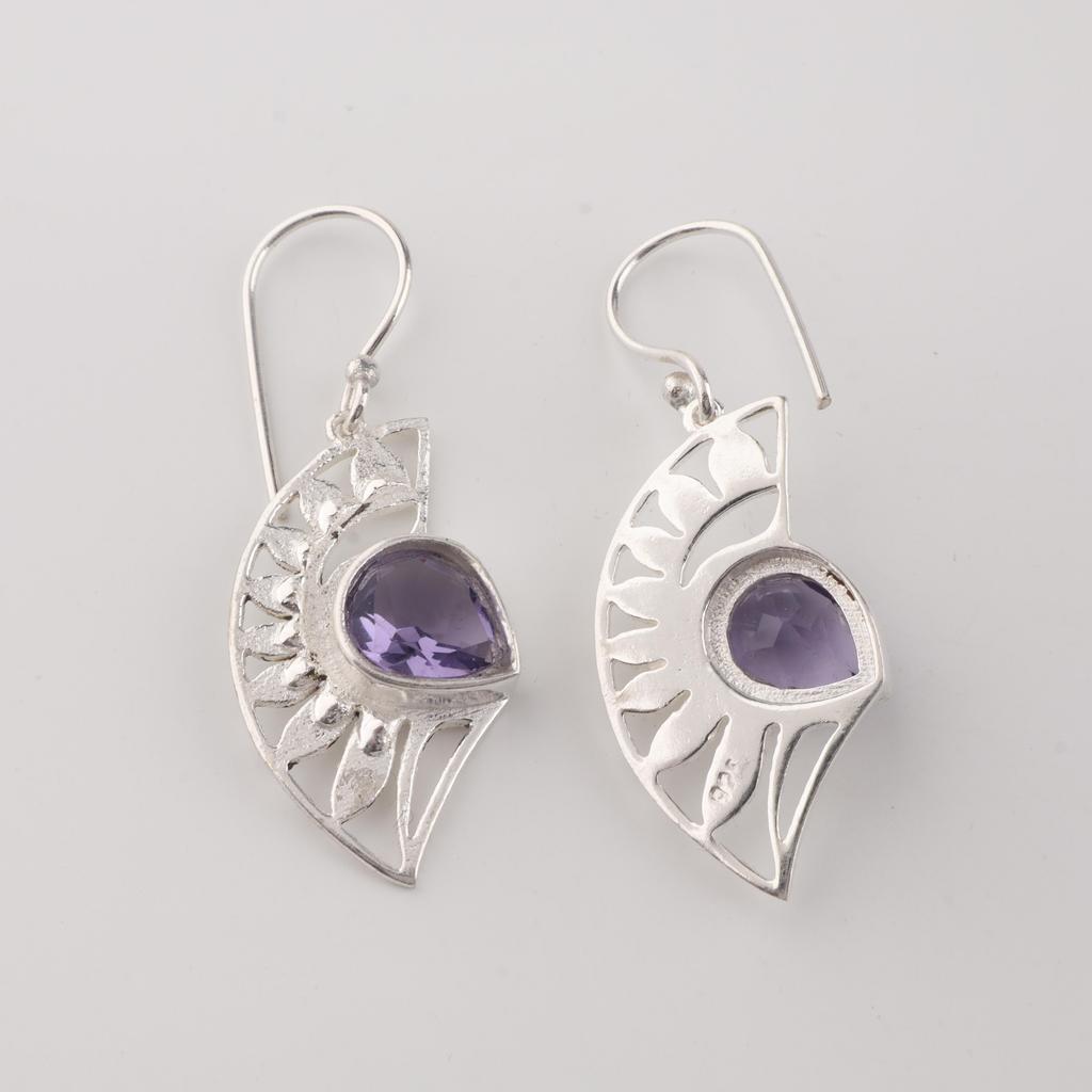 Natural Iolite Gemstone Silver Dangle Earrings 1.5", 925 Sterling Silver Jewelry, September Birth-Stone Jewelry, Iolite Earrings For Gift CE-26-8