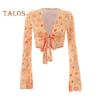 3 Pcs/Set Women Stage Performance Suit V Neck Lace-up Long Sleeves Cropped Top High Waist Flared Hem Trousers Printed Headband Retro Disco Party