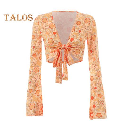 3 Pcs/Set Women Stage Performance Suit V Neck Lace-up Long Sleeves Cropped Top High Waist Flared Hem Trousers Printed Headband Retro Disco Party