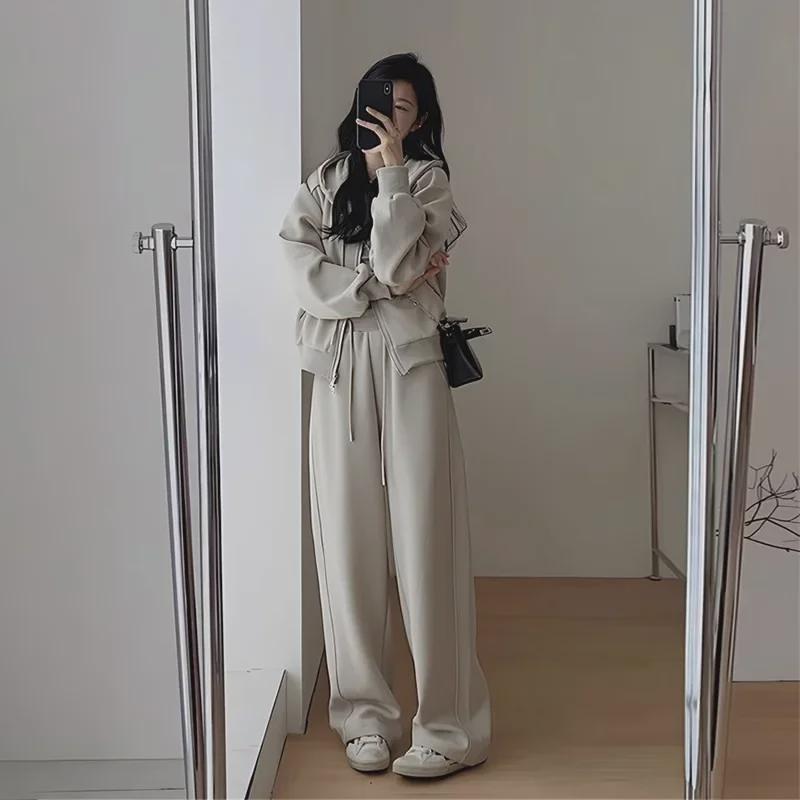 Women's Hong Kong Style Slimming Sweater Sports Suit with Wide-Leg Pants and Hooded Jacket