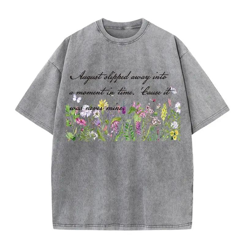 Cotton Washed T-Shirts Butterflies And Flowers Taylor Lyrics Letter Printed Tees O-Neck Loose Distressed Street Clothes