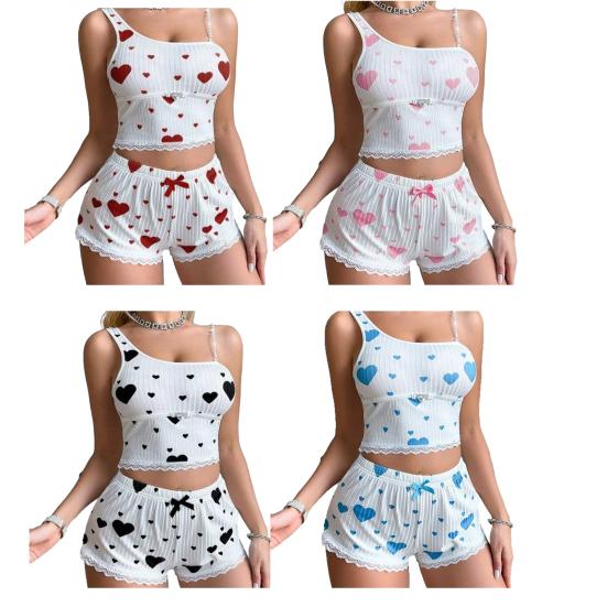 Women's Lace Trim Cami Pajama Set 2 Piece Ribbed Crop Top And Shorts Pjs Sets Heart Print Summer Casual Sleepwear
