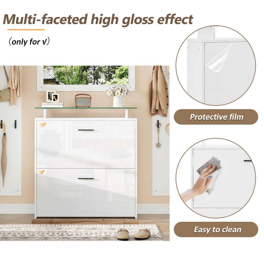 89.5*23*96.5cm Hallway Wardrobe Set 4-Piece with Mirror, 2 Hat Shelves and High Gloss Shoe Cabinet, with 8 Clothes Hooks, White