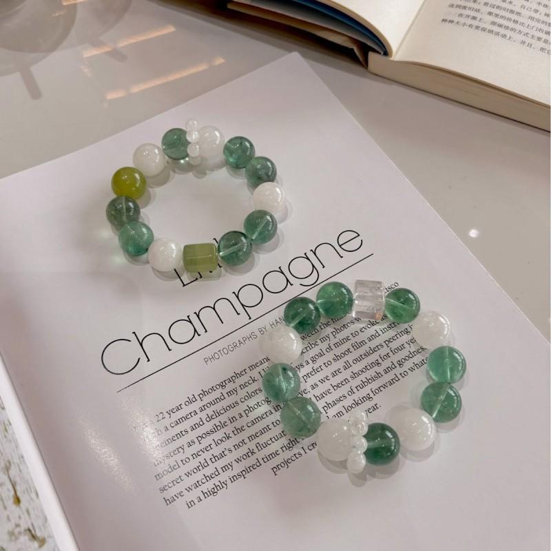 Natural Green Fluorite Snowflake Phantom Xiuyu Beaded Bracelet Handmade Round 16mm Womens Elegant Minimalist Jewelry