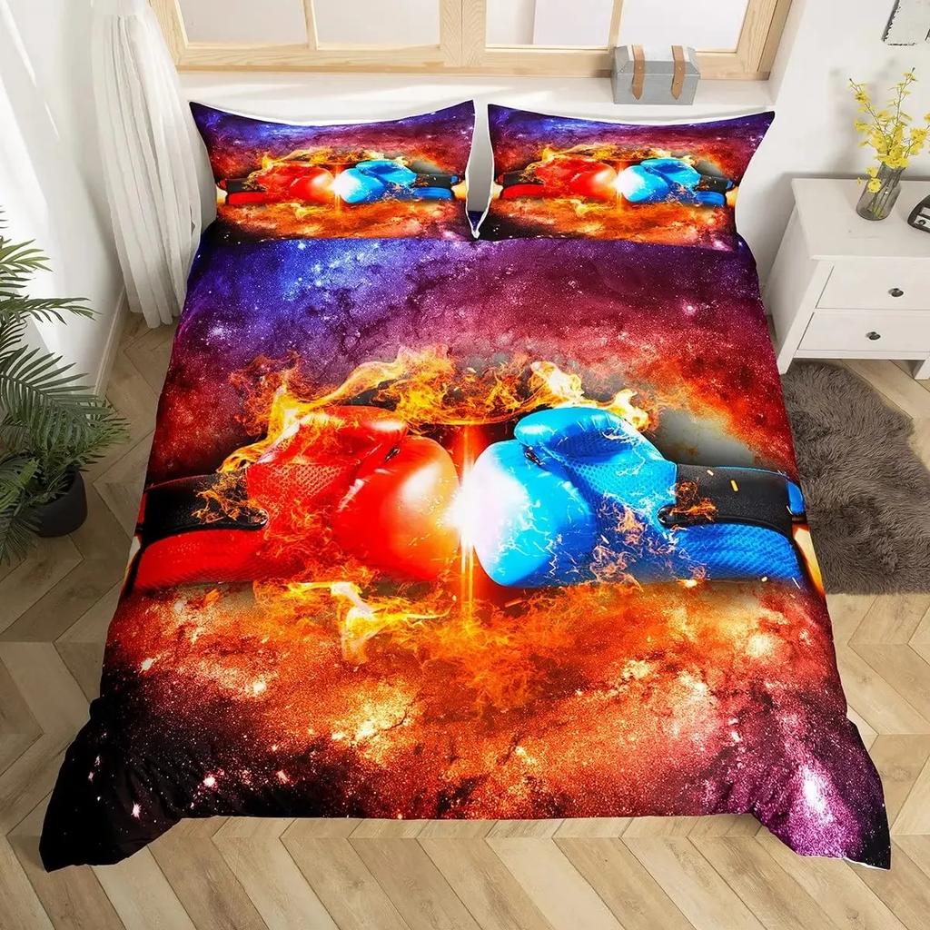 Adult Boxing Duvet Cover Set Queen,Sports Games Theme Bedding Sets Boxing Gloves Quilt Cover,Athlete Silhouette Comforter Cover