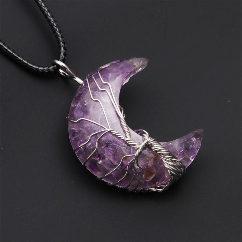Natural Crystal Moon Pendant Necklace Tree of Life Amethyst Reiki Polished Mineral Jewelry Healing Stone for Men Women Jewelry