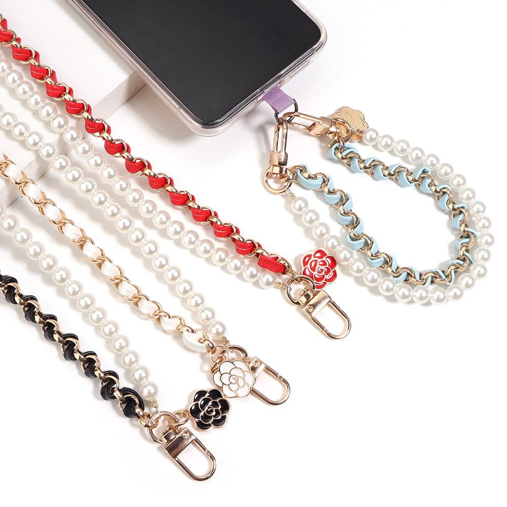 1Pc Colored Leather Imitation Pearl Chains 26cm Exquisite Camellia Phone Lanyard Extention Chain For DIY Handbags Keychain Decor