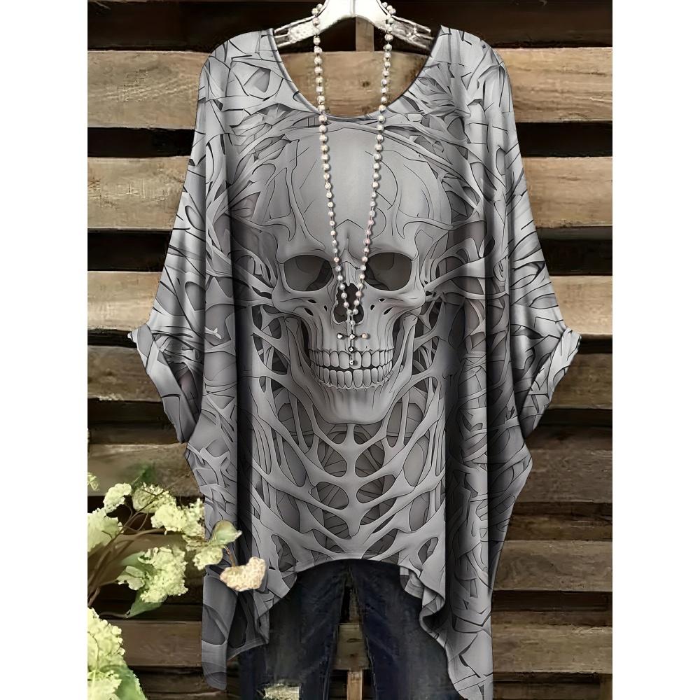 Hallowee Women's T-Shirt Vintage Skull Print Clothes Summer Harajuku Round Neck Casual Loose Short Sleeve Streetwear Clothing