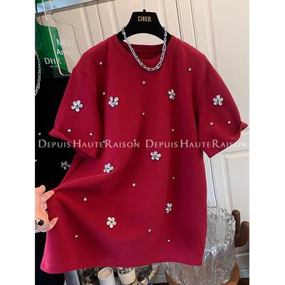 Camiseta de Manga Corta Gruesa con Pedrería Industrial Pesada Nueva de Otoño para Jóvenes Four Seasons Moda Femenina Camiseta Básica que Reduce la Edad