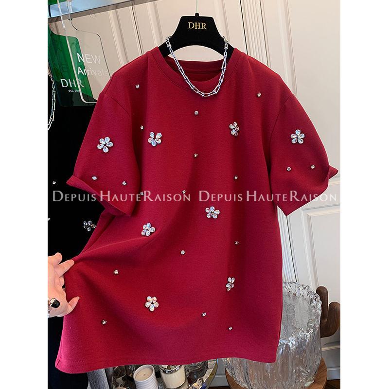 

Четыре Сезона Молодежный Осенний Новый Тяжелый Индустриальный Страз Утолщенная Футболка с Коротким Рукавом Женская Мода Омолаживающая Базовая Футболка XL красный