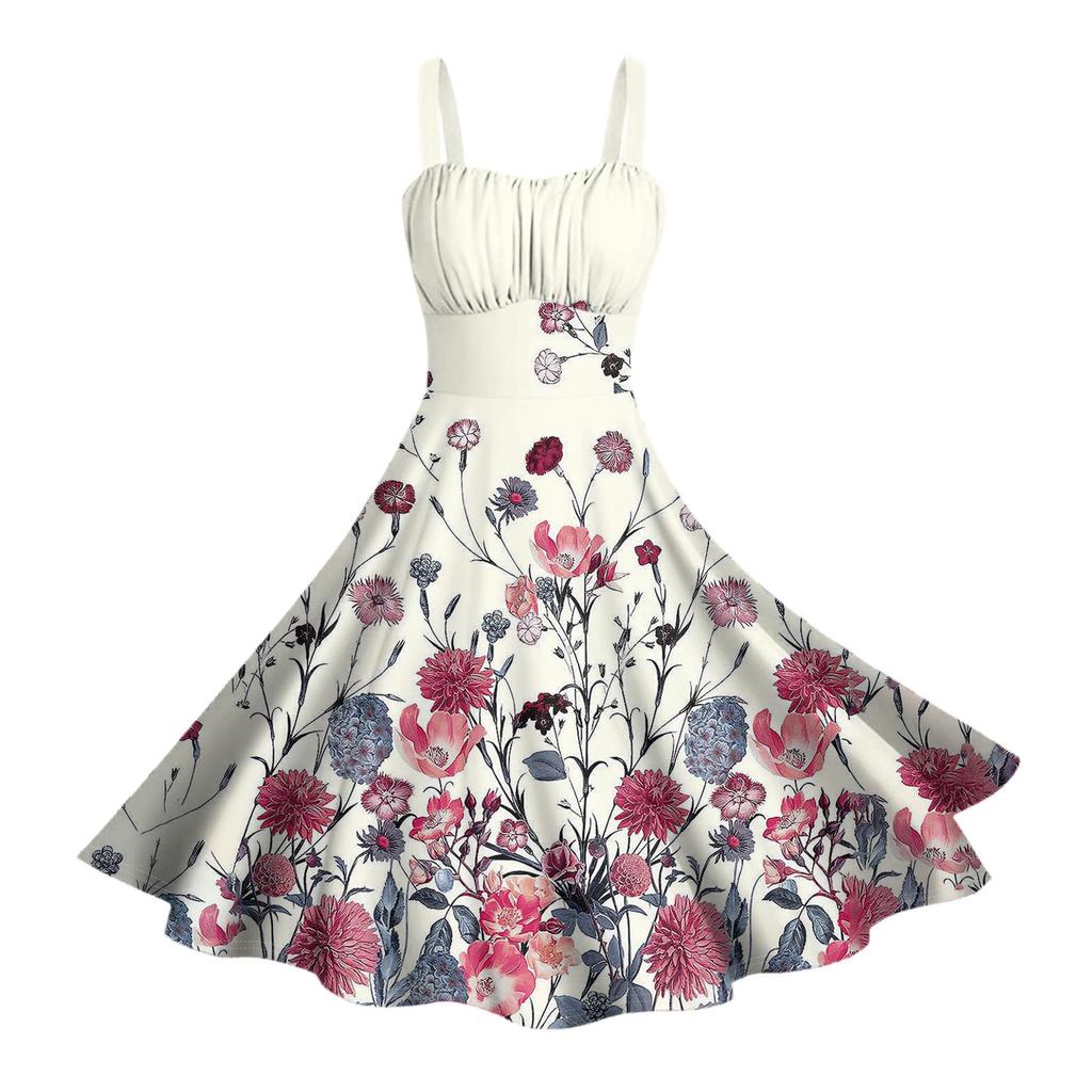 Damen Vintage Ärmellos Plissiert Patchwork Niedlich A-Linien Saum Blumendruck Kleider