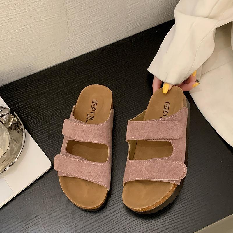 Leather cork platform slippers women's outer wear summer new Boken cool slippers