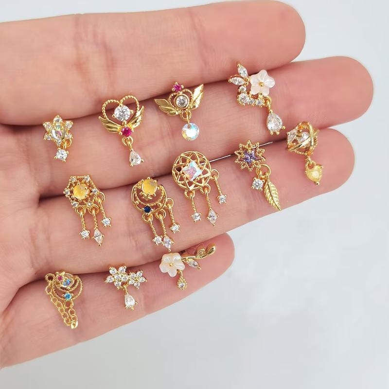 1Piece Fashion L Shaped Dangle Nose Studs Piercing 20G Stainless Steel Flower Moon Tassels Zircon Nostril Screw Piercing Jewelry