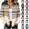 Damen Mode Retro Print Langarm Strick Cardigan Knopfleiste Jacke