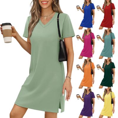 Women's Casual V-neck Short-sleeve Split-hem Dress