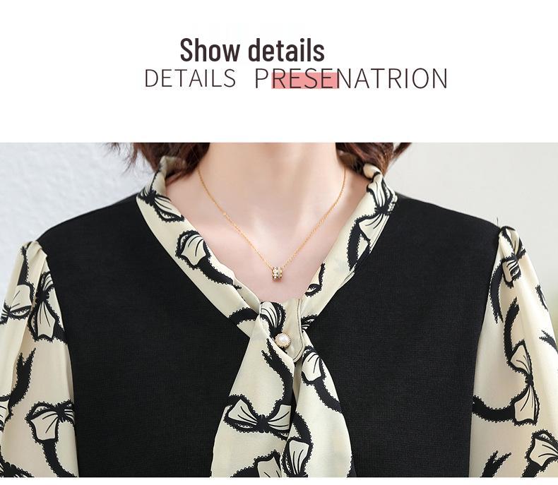 Stylish Printed Bow Tie Chiffon Top for Middle-Aged and Elderly Women – Loose Fit, Long-Sleeved, Plus Size