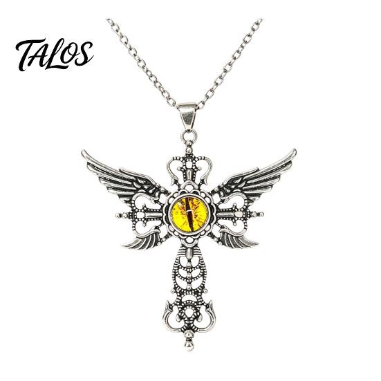 Personalized Dark Style Accessory Devil Eye Pendant Necklace, Gothic Winged Religious Charm Detailed Metal Engraving Statement Vintage Punk