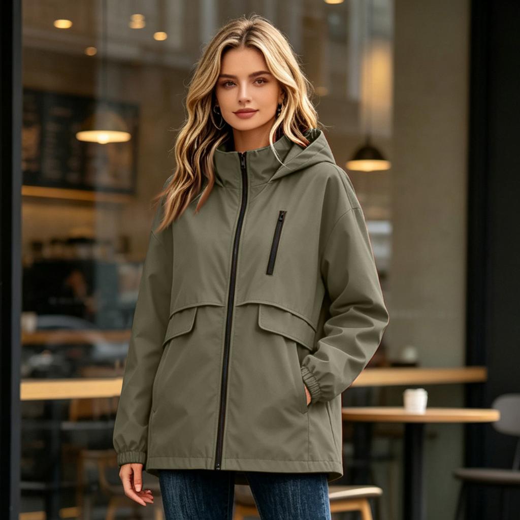 Women's Casual Color Hooded Windbreaker Jacket for Outdoor Hiking and Daily Wear