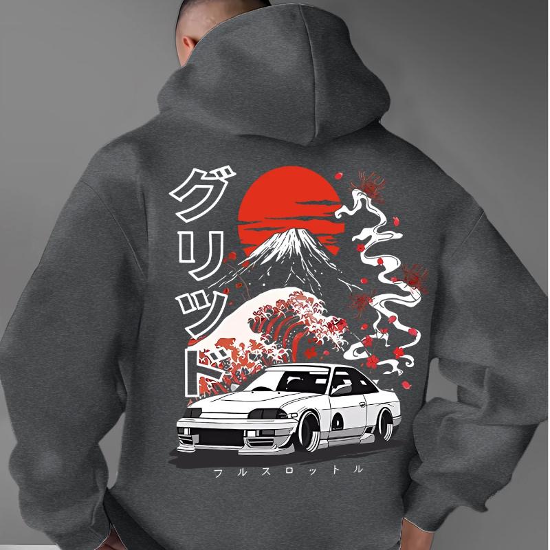 A Men'S Casual Stylish Japanese-Inspired Hoodie Featuring Mountain And Freedom Elements, Long-Sleeved Pullover, Regular Fit.