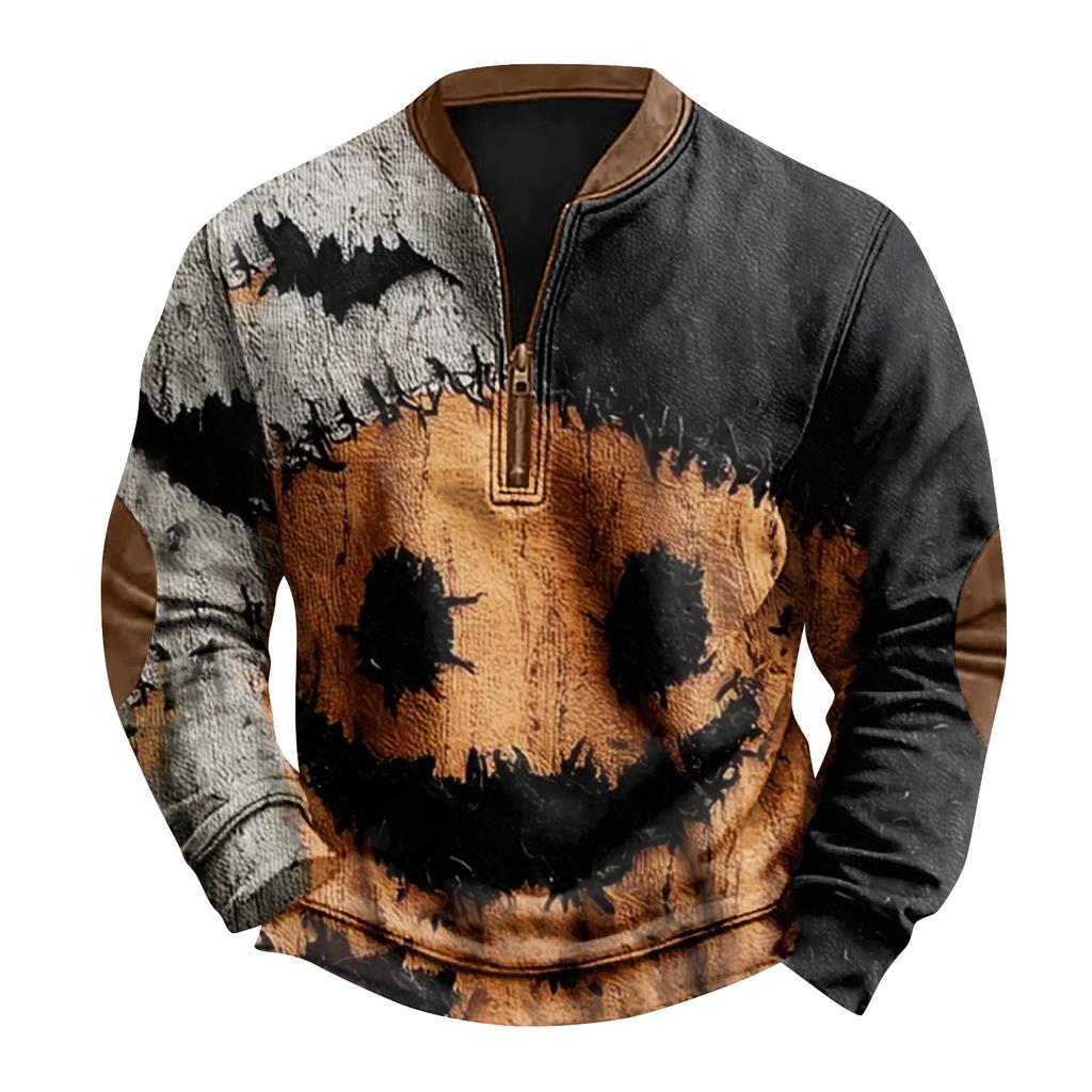 Men's Casual Fashion Christmas Printed Hoodless Sweatshirt Wide Men's Loose Button Stand Collar Hooded Sweatshirt