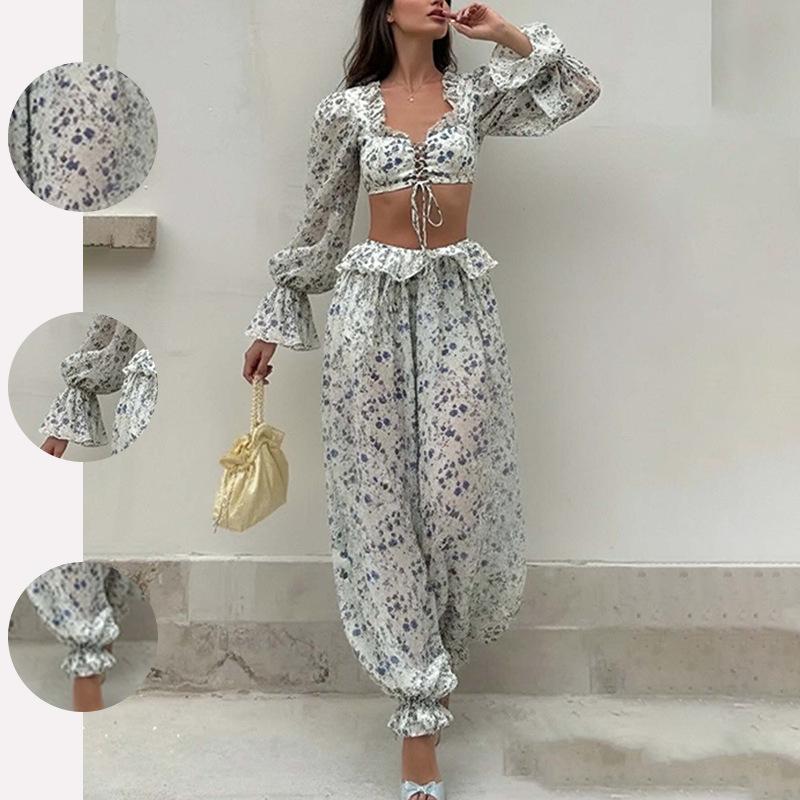 European & American Women's Fashion Long-Sleeve Cropped Top and Trousers Two-Piece Set (2026)