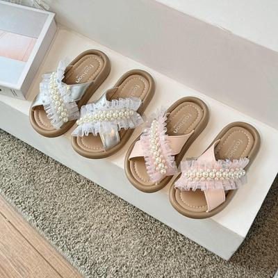 Barn Eleganta Tofflor Flickor Söta Spets Kors Tofflor Sommar Mode Barn Pärlbroderade Prinsessa Strandskor Halkfria Heta