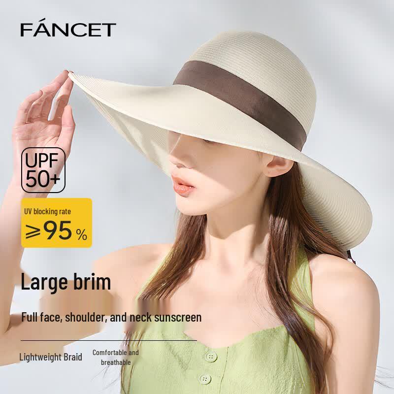 FANCET Women s Wide Brim UV Protection Straw Sun Hat Adjustable 56-58cm кремово-белый