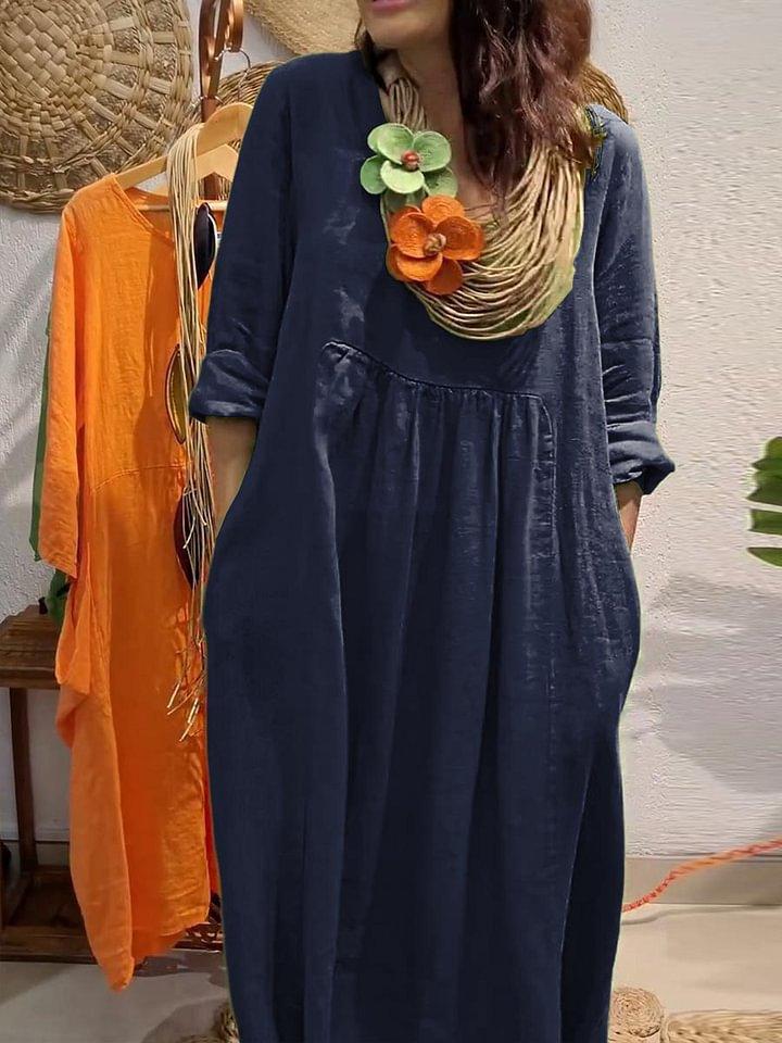Green Loose Fit Long Dress with Pockets, Casual Flowy Maxi Dress In Multiple Colors