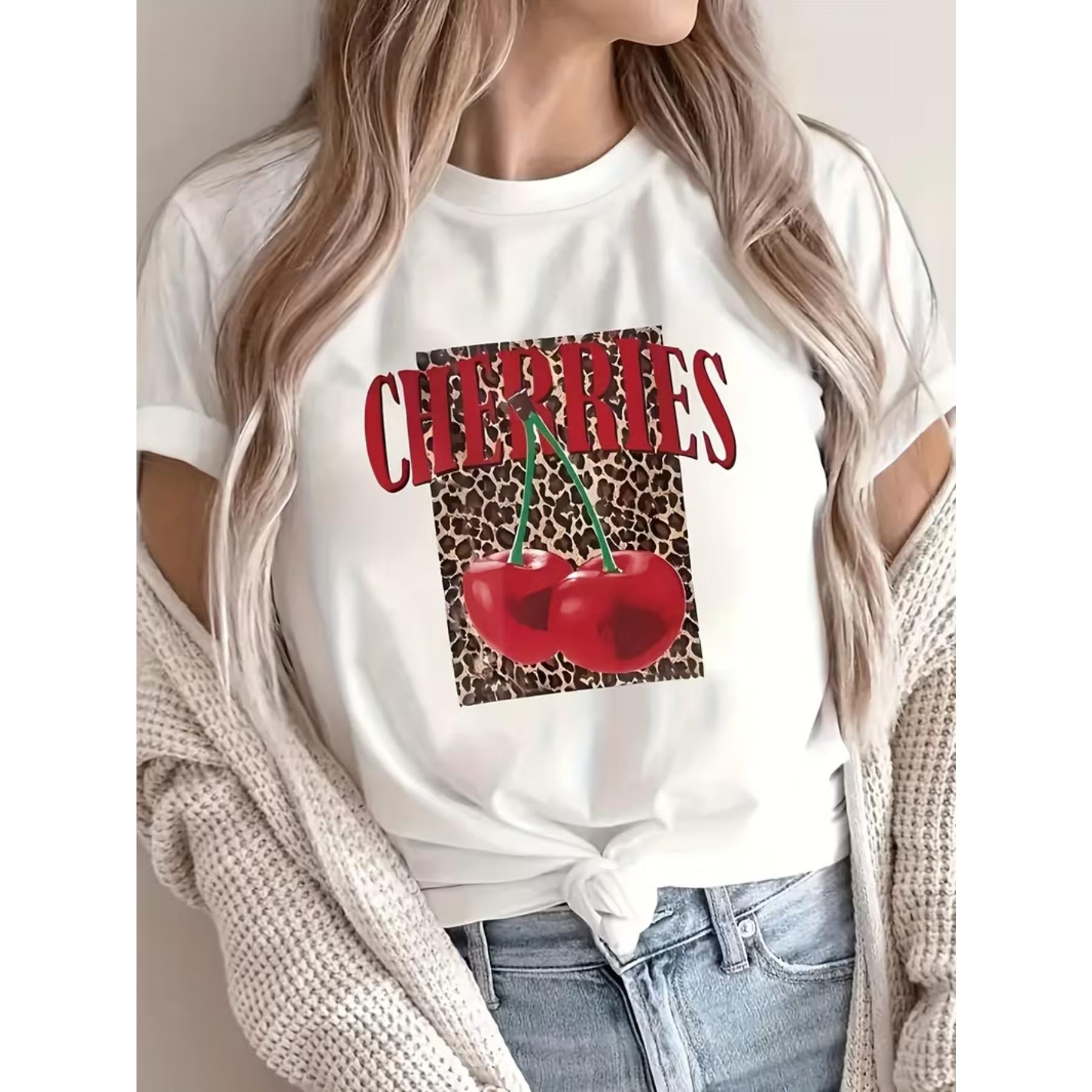 

Women s Casual Short Sleeve T-Shirt - Leopard Print & Cherry Graphic Design, Soft Round Neck Top XXL білий