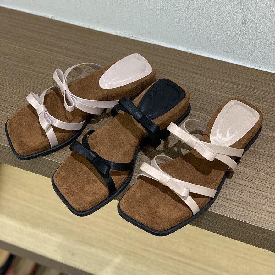 Purple temperament wedge heel French thin strap cool slippers fairy shoes 2025 new summer bow Roman sandals