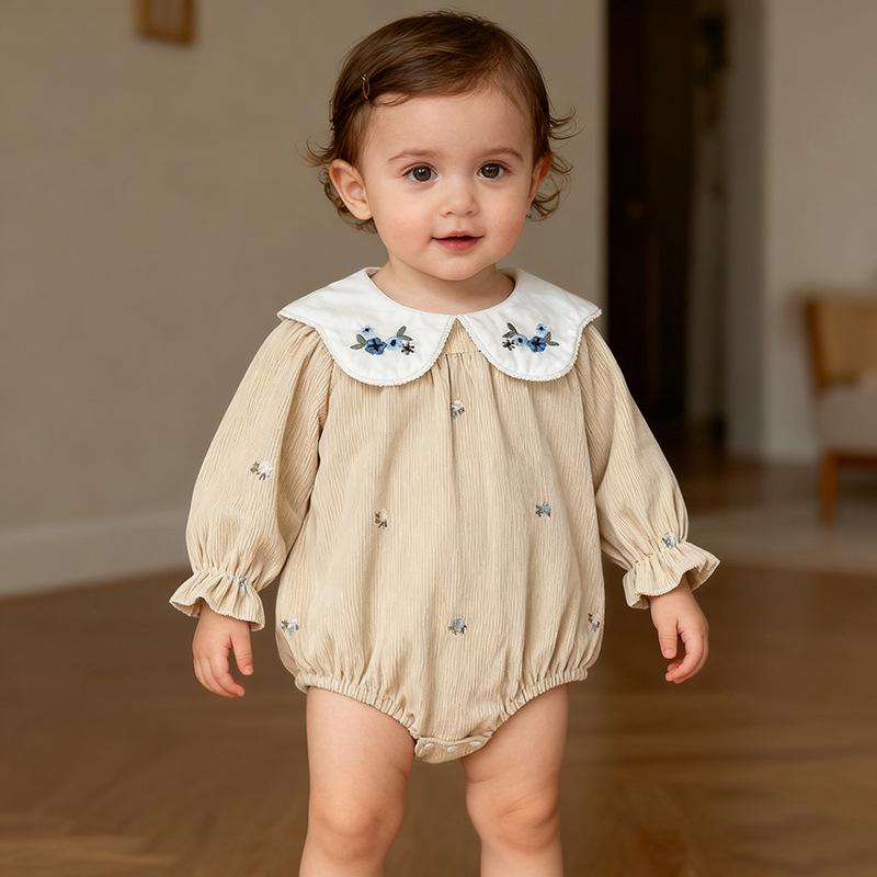 Bestickter Kragen Baby Mädchen Strampler im koreanischen Stil - Frühling/Herbst Mode Langarm Jumpsuit