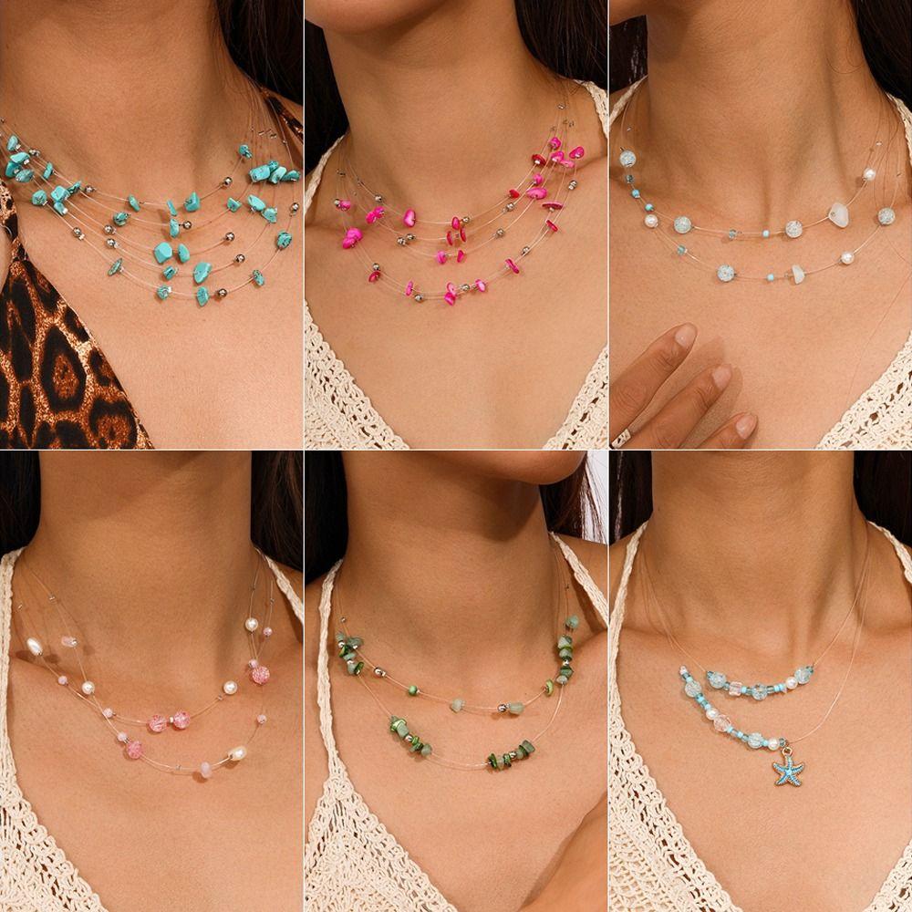 Hypoalergenní Přírodní Kámen Boho Korálky Bohemian Styl Nastavitelná Délka Choker Náhrdelník Vícevrstvé Dámské Šperky Svatba