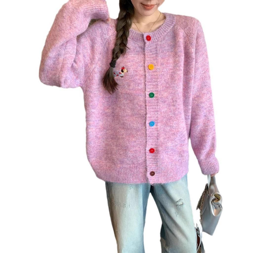Sweet Round Neck Color Button Dog Pattern Long Sleeve Sweater Cardigan Women Spring Autumn Winter Korean Versatile Top