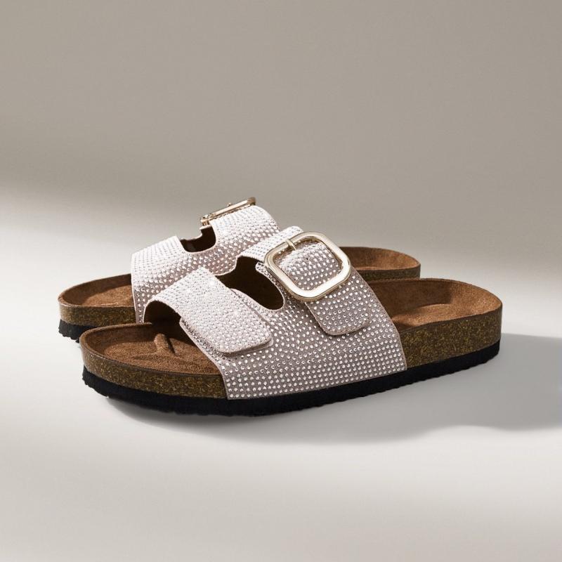 Fashion 2025 women's rhinestone metal buckle sandals with double straps and slip covers, comfortable casual shoes