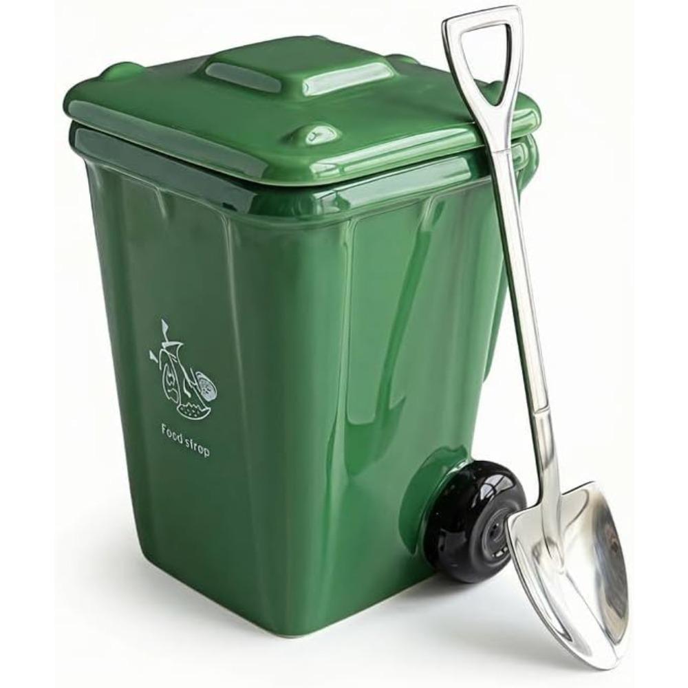 Recycling Bin Coffee Mug, Funny Trash Can Ceramic Coffee Mug with Shovel Spoon, Funny Gag Gift