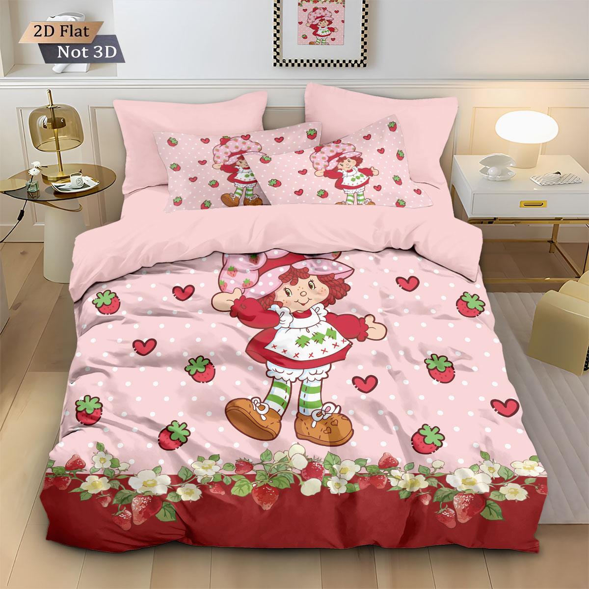 

3pcs Pink Strawberry Girl Printed Down Duvet Cover Set, Multi Size Bedroom Bedding Decoration, Machine Washable 135x200cm