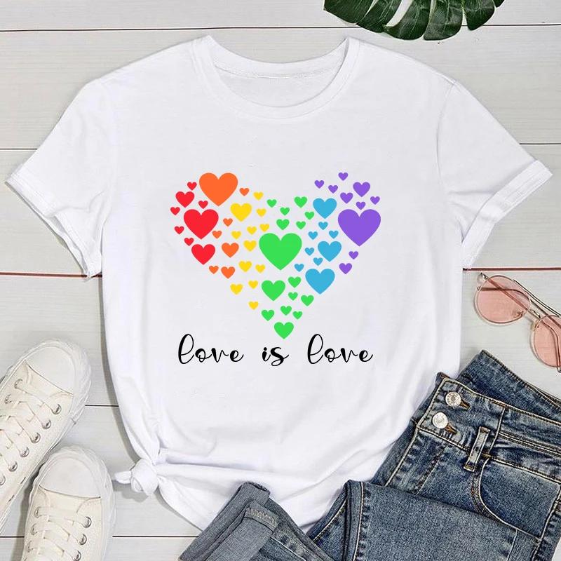 (Premium T-Shirt)Damenmode Sommer T-Shirts LGBT Love Is Love Letter Print T-Shirts Weibliche Kurzarm Grafik T-Shirt Casual T
