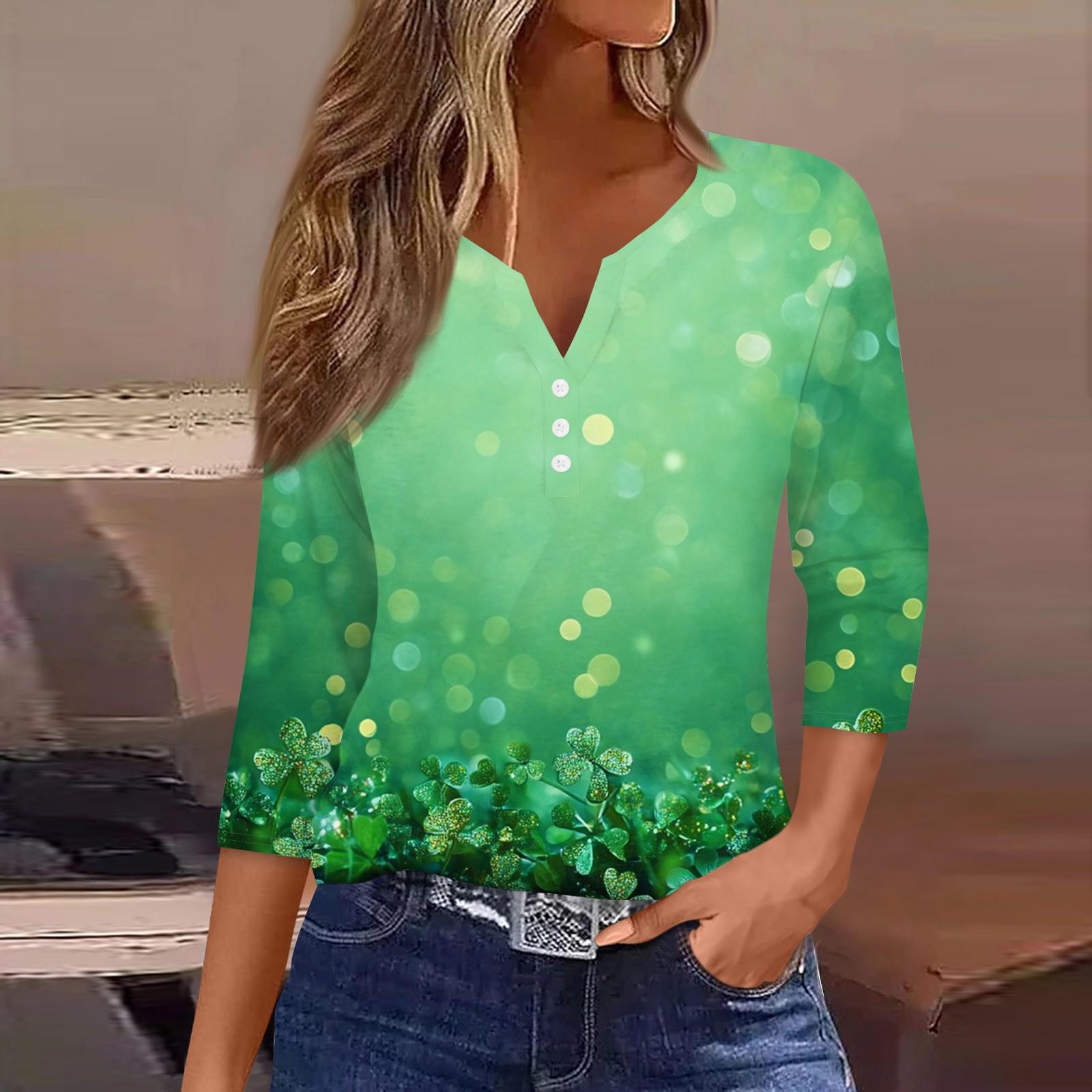 

Жіноча футболка з принтом на ґудзиках, рукав 3/4, повсякденна мода на вихідні, базовий V-подібний виріз, звичайний топ S