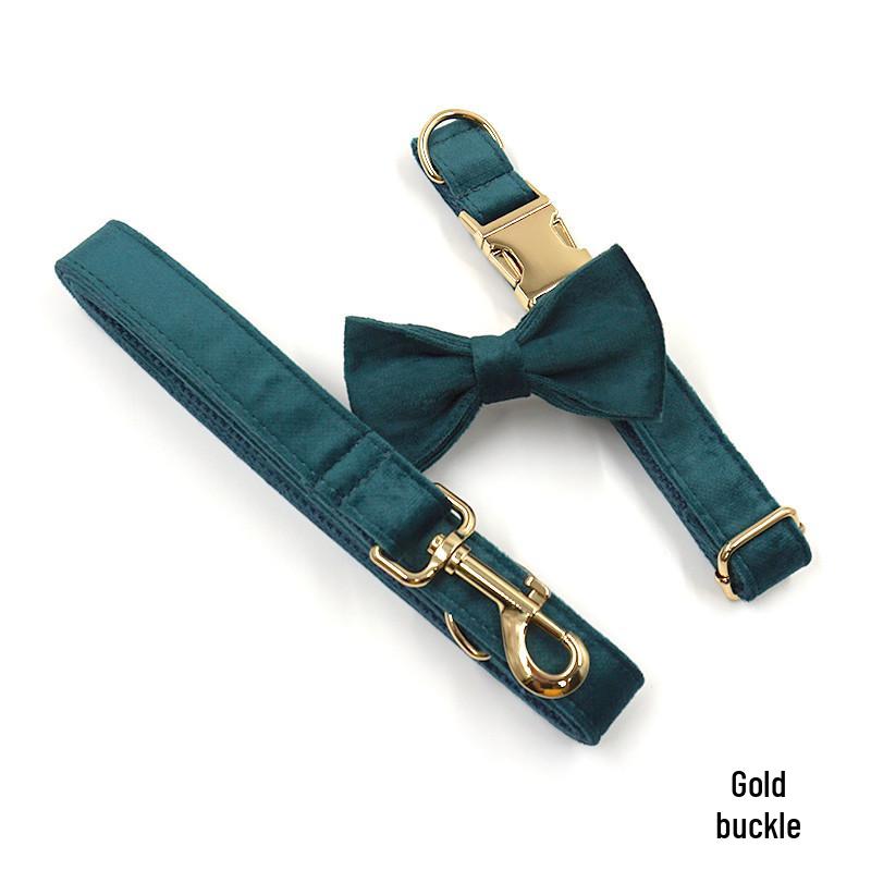 Emerald Green Velvet Pet Collar and Leash Set with Bow Tie and Engraving Large (L)